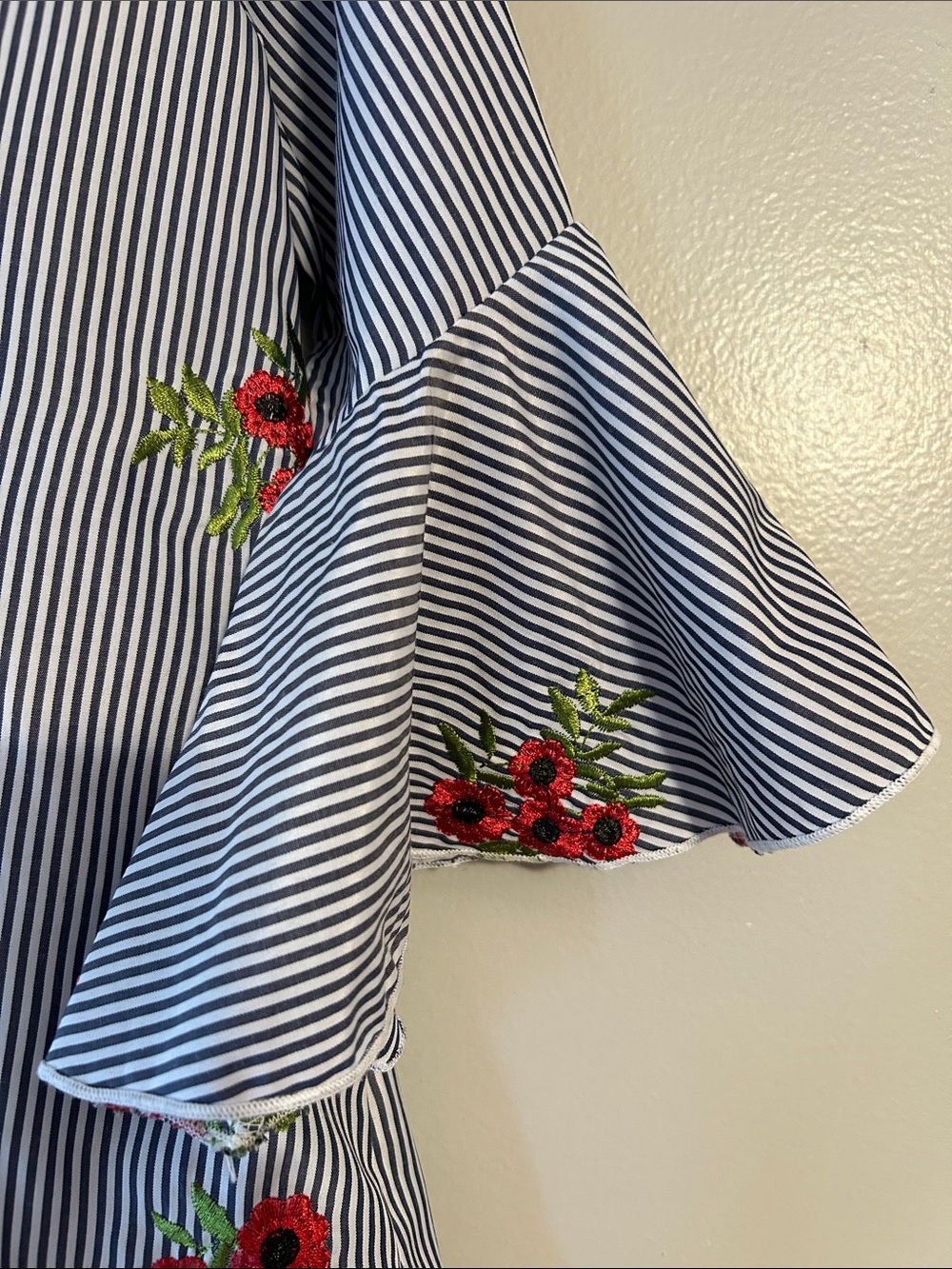 Striped Navy Floral Bell-Sleeve Women’s Top - Picture 3 of 3